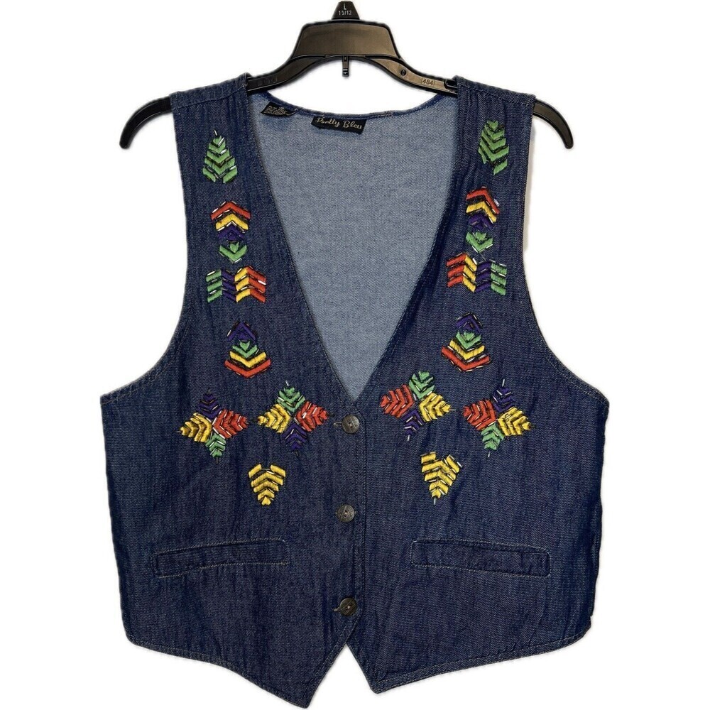 Embroidered Beaded Western Blue Denim‎ Vest By Pretty Bleu Women's Size M Cotton